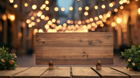 Natural wood sign in front of a bright cafe with bokeh city background, providing space for promotional textの素材