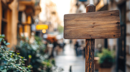 Natural wood sign in front of a bright cafe with bokeh city background, providing space for promotional textの素材