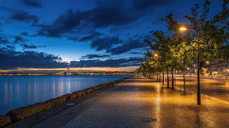 Night scene of the Vasco da Gama Bridge, with warm lights and reflections blending into the tranquil beauty of Lisbon's urban landscapeの素材