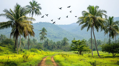 Natural coconut farm environment with birds in the distance and palms reaching to the skyの素材