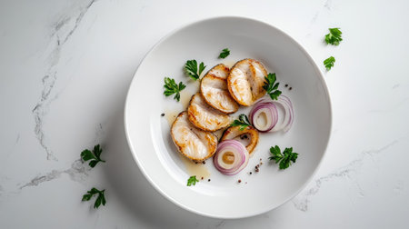 Nordic-style presentation of sliced herring with onion rings and parsley, plated on white with minimalist light settingの素材