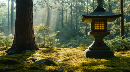 Natural light casting bold shadows from Japanese pine tree onto stone lantern and moss-covered groundの素材
