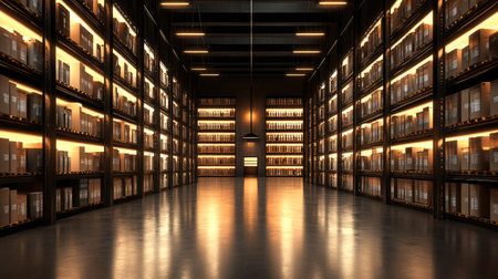 Night warehouse interior with glowing lights reflecting off polished floors and symmetrical rows of storage racks, emphasizing artistic depthの素材