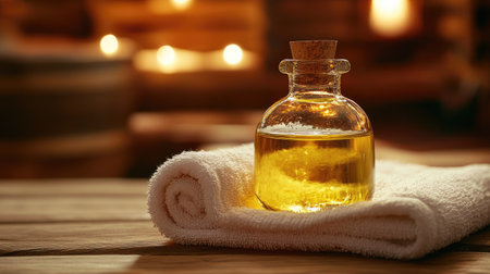 Organic coconut oil in glass bottle with towel on warm wood, luxury spa and wellness layoutの素材