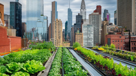 Organic vegetables and herbs flourishing in a rooftop garden with cityscape in the background, reflecting eco-friendly urban agricultureの素材