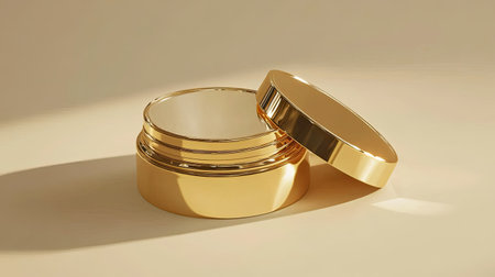 Open golden cosmetic jar showcasing creamy skincare formula, minimalist luxury beauty packaging concept.の素材
