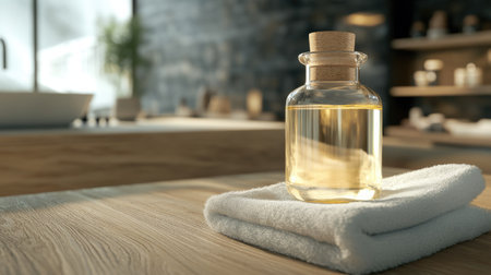 Organic coconut oil in glass bottle with towel on warm wood, luxury spa and wellness layoutの素材