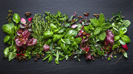 Organic and fresh herbs with various colorful spices artfully spread across a black slate surface, ideal for food photography.の素材