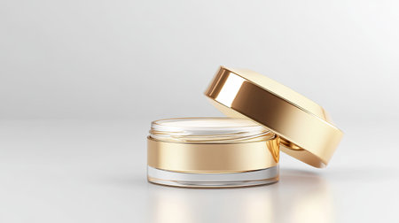 Open golden beauty jar containing hydrating cream, premium skincare packaging, luxurious cosmetic product on white.の素材