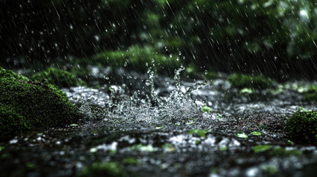 Rain falling over a mountain stream, creating tiny splashes as water flows through moss-covered rocks in a monsoon forest.の素材