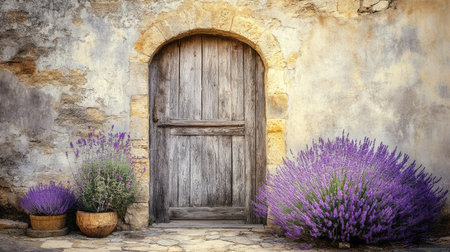 Quaint entrance to a Provenal building with arched wooden door, lavender plants, and rustic texturesの素材