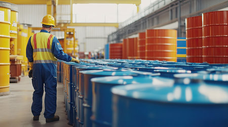 Professionals in safety attire inspecting rows of hazardous material drums in a factory, emphasizing workplace safety and precisionの素材