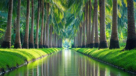 Productive coconut farm with dwarf trees and a water-filled canal, showing tropical agriculture in Thailandの素材