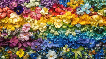 Rainbow-colored garden flowers arranged in natural harmony, creating a peaceful and uplifting outdoor sceneの素材