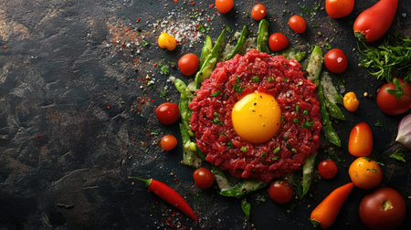 Raw beef tartare formed into a round shape, topped with yolk and surrounded by vegetables, styled cleanly from aboveの素材