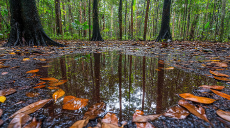 Rain-soaked forest floor covered in fallen leaves, with tiny puddles reflecting the towering trees under soft monsoon light.の素材