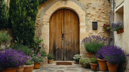 Quaint entrance to a Provenal building with arched wooden door, lavender plants, and rustic texturesの素材