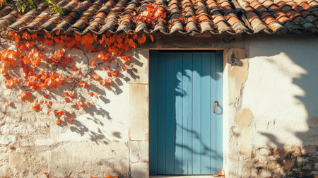 Quaint blue door in a southern French village surrounded by clay roof tiles and sunbaked texturesの素材