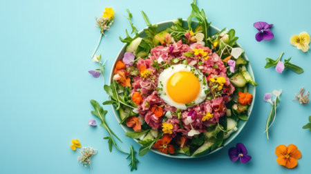 Raw beef tartare formed into a round shape, topped with yolk and surrounded by vegetables, styled cleanly from aboveの素材