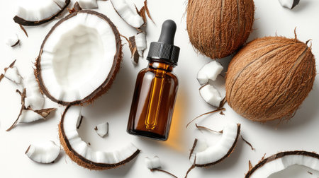 Pure coconut oil in bottle with dropper lid, presented on clean white background for beauty branding mockupの素材
