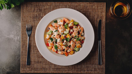 Red fish salad on white plate, served on brown placemat with heavy cream sauce in boat, rustic close-up flat lay styleの素材