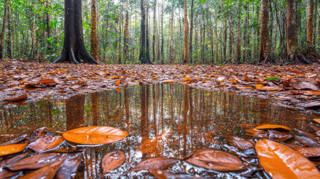Rain-soaked forest floor covered in fallen leaves, with tiny puddles reflecting the towering trees under soft monsoon light.の素材
