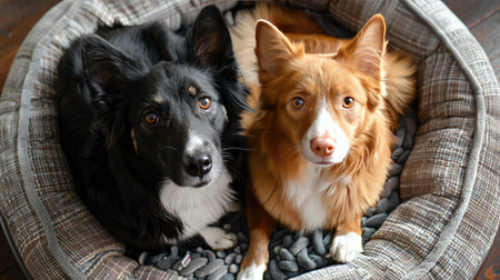 A dog and cat sitting side by side in a pet bed, looking up at the cameraの素材