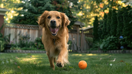 A dog playing with a ball in a backyardの素材