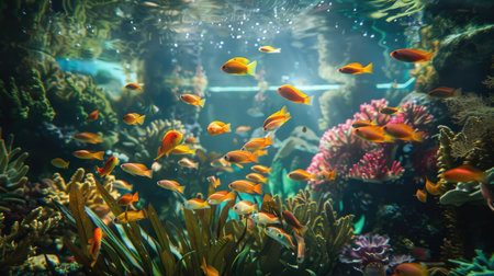 A fish tank with colorful fish swimming among aquatic plantsの素材