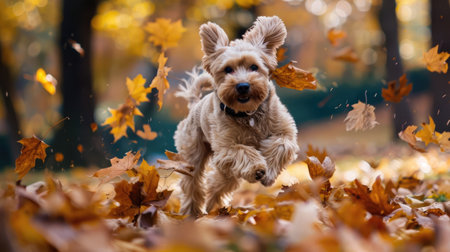 A dog running through a pile of fallen leavesの素材