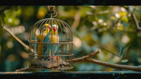 A birdcage with a pair of lovebirds chirping happily insideの素材
