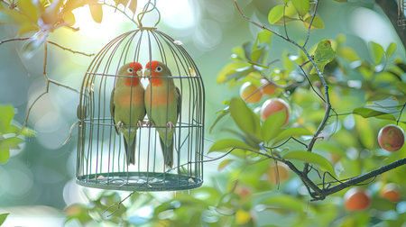 A birdcage with a pair of lovebirds chirping happily insideの素材