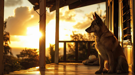 A dog sitting on a porch with a sunset in the backgroundの素材