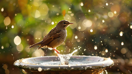 A bird sitting on a birdbath with water splashingの素材