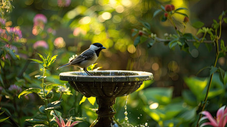 A bird sitting on a birdbath in a gardenの素材