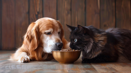 A dog and cat sharing a meal from the same bowlの素材