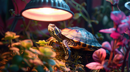 A pet turtle basking under a heat lamp in a terrariumの素材