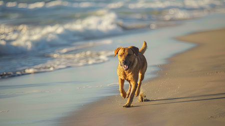 A dog running along the beach with the ocean waves in the backgroundの素材