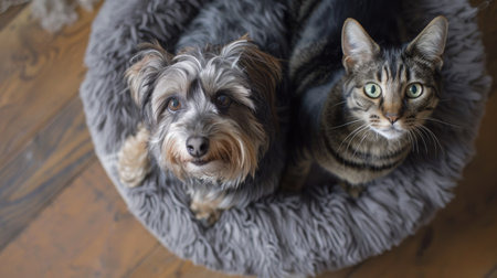 A dog and cat sitting side by side in a pet bed, looking up at the cameraの素材