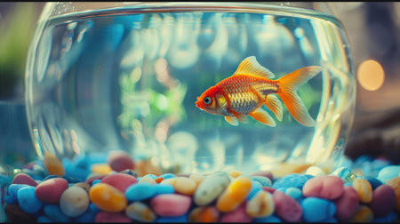 A fish swimming in a bowl with colorful pebbles at the bottomの素材