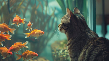 A cat watching fish swim in an aquariumの素材