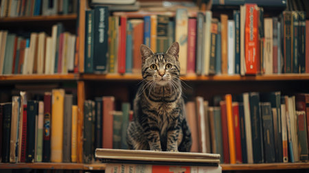 A cat sitting on a bookshelf surrounded by booksの素材