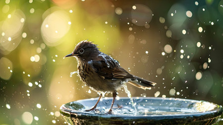 A bird sitting on a birdbath with water splashingの素材