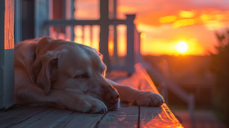 A dog resting on a porch with a sunset in the backgroundの素材