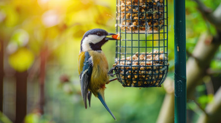 A bird eating from a bird feeder in a gardenの素材