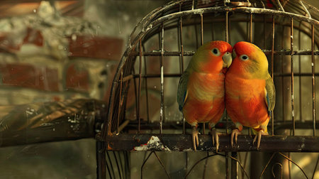 A pair of lovebirds cuddling on a perch in a birdcageの素材