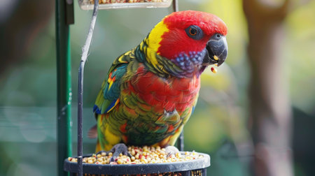 A parrot eating seeds from a bird feederの素材