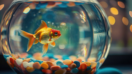 A fish swimming in a bowl with colorful pebbles at the bottomの素材