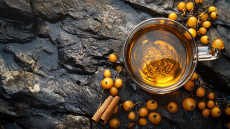 A warming cup of sea buckthorn tea with honey, cinnamon, and fresh berries, placed elegantly on a textured stone background.の素材
