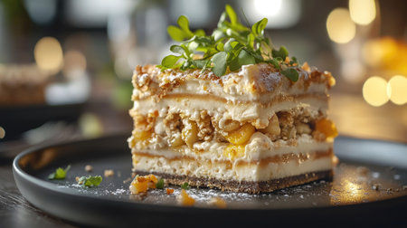 Sliced wedge of Smrgstrta ready to serve, layers of creamy fillings and fresh garnish on modern dark plateの素材